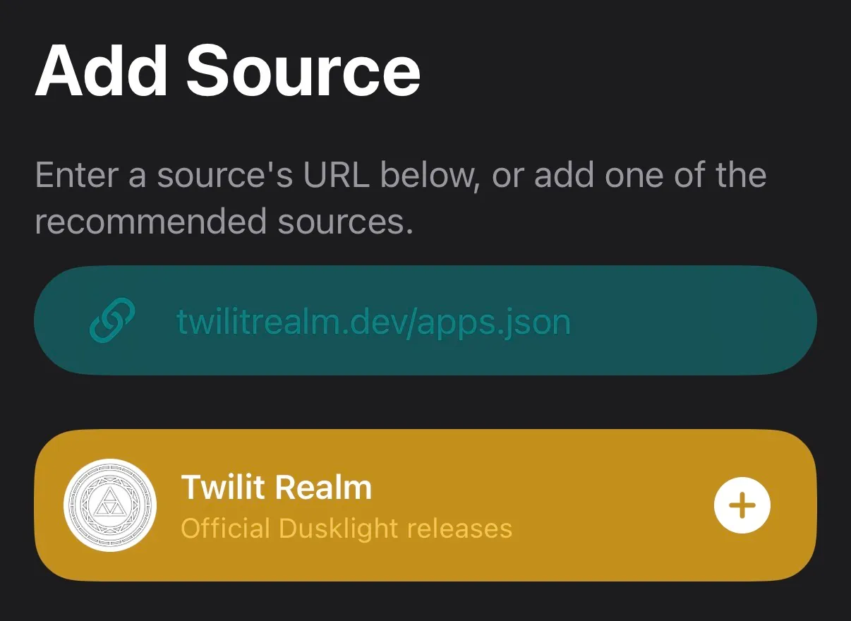 AltStore Add Source screen with twilitrealm.dev/apps.json entered and the Twilit Realm source ready to add